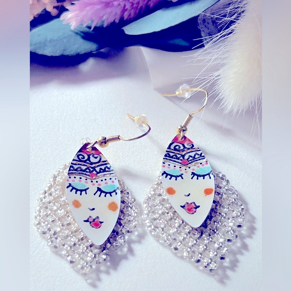 NWOT Earrings “Snow Fairy Queen” Artisan Oil Painting, Mexican Huichol  beads